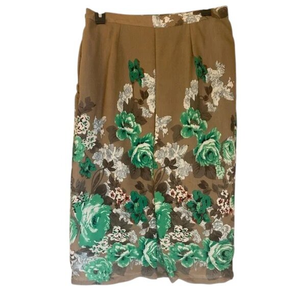 Bold Green Floral Midi Skirt - Size L Tan Neutral Base Vintage Inspired - Picture 3 of 5